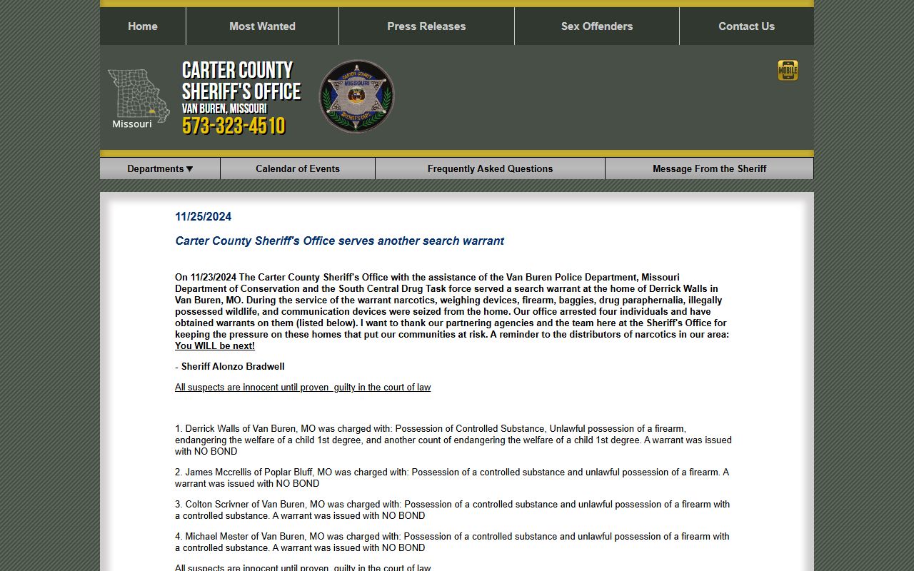 Carter County arrest records search warrant and filed charge press release