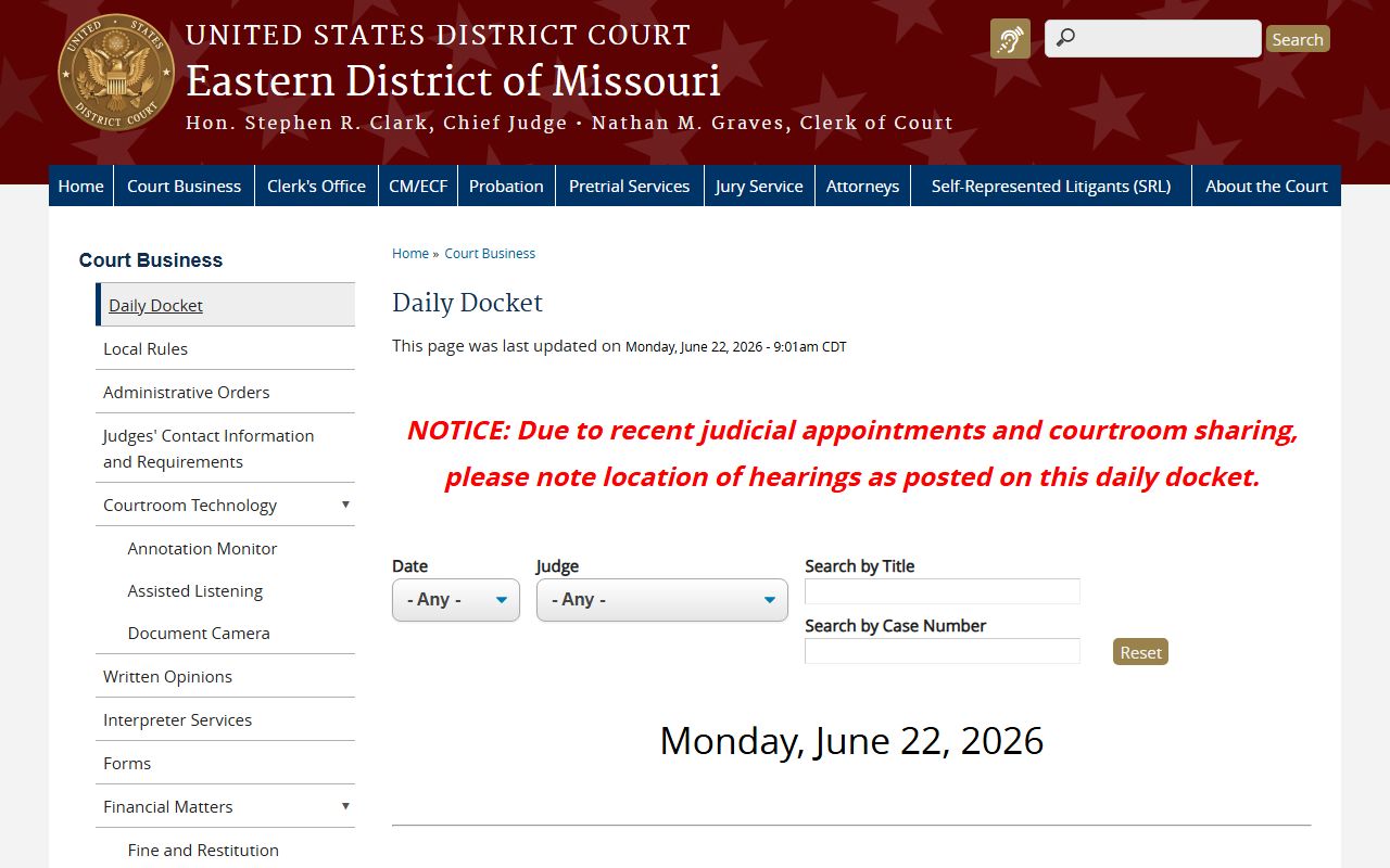 Carter County court dockets Eastern District of Missouri daily docket