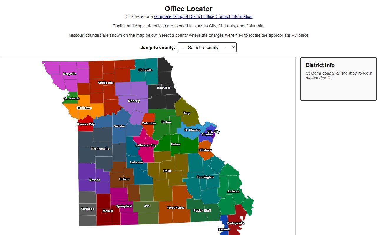 Carter County criminal court records Missouri public defender county assignment table