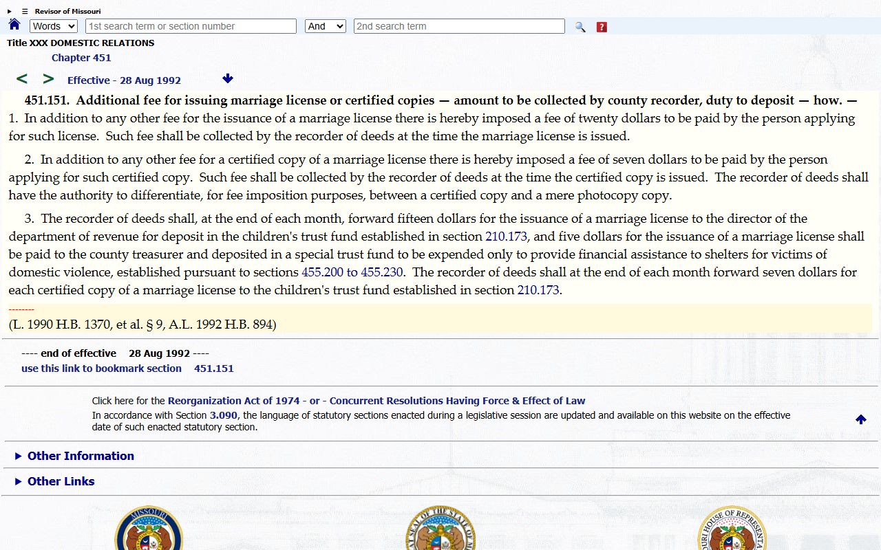 Carter County marriage records Missouri marriage license fee statute