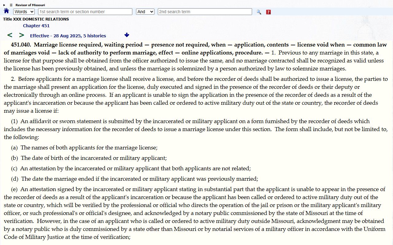 Carter County marriage records Missouri marriage license statute