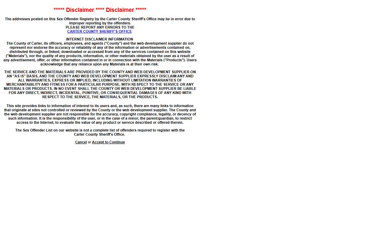 Carter County warrant records offender registry disclaimer limits